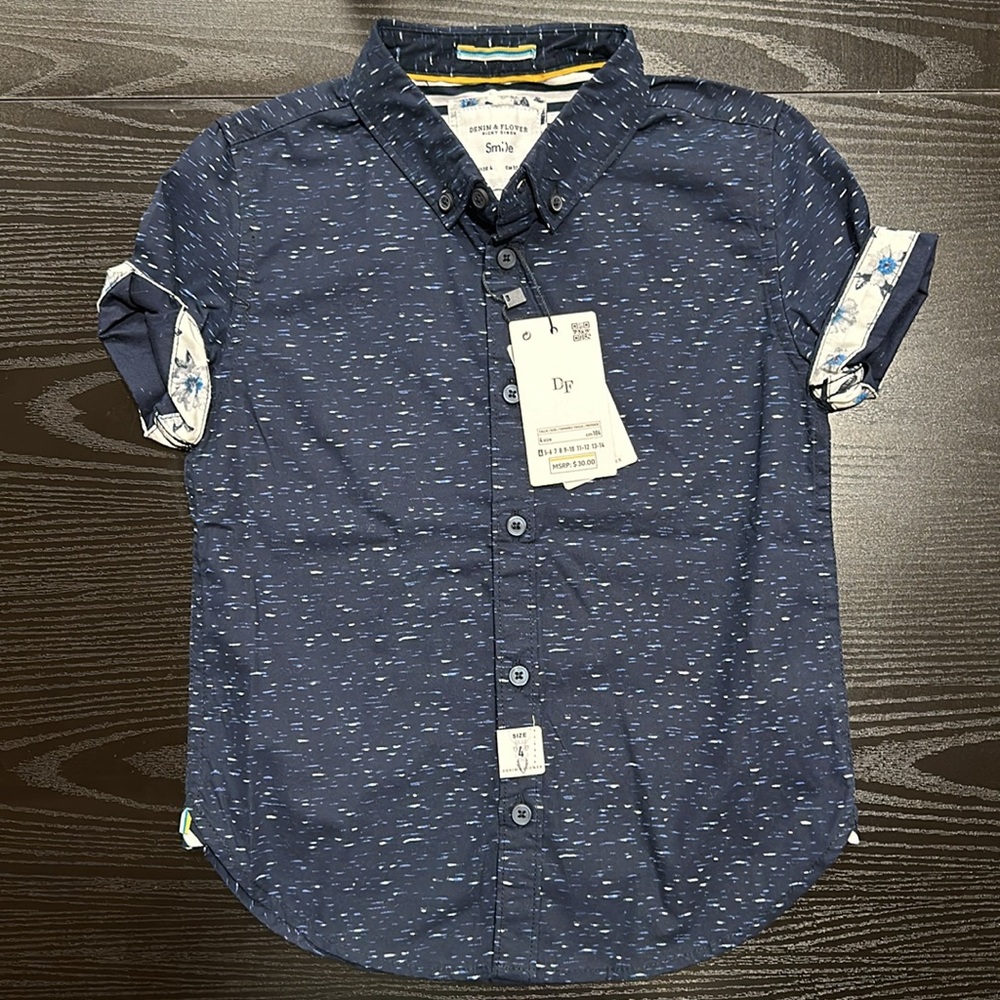 NWT Boys Denim & Flower Polo Button Up - Picture 4 of 7